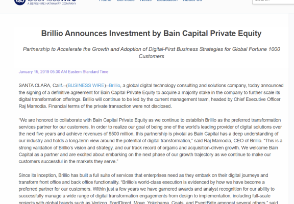 Brillio anunță o investiție majoră din partea grupului Bain Capital