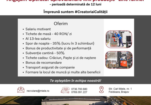 Ne marim echipa! Operator aprovizionare linie productie