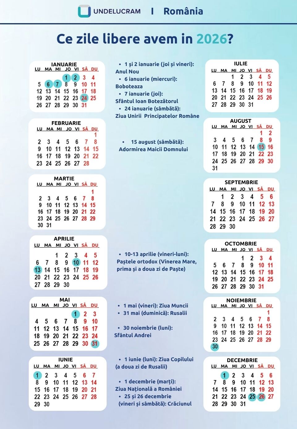 Zile libere legale 2026 Romania
