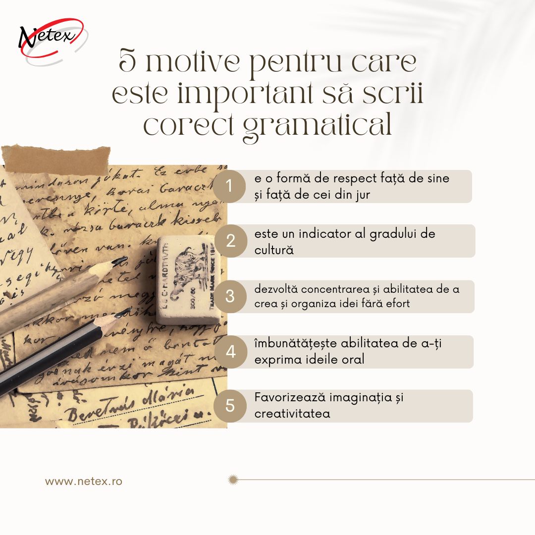 ✨ Se spune că felul în care scrii este cartea ta de vizită. De aceea, este important să acordăm atenție sporită topicii termenilor folosiți în exprimare și respectării regulilor ortografice. ✍️ 📍 Azi, cu ocazia zilei gramaticii, am realizat un top 5 al mo Netex Romania